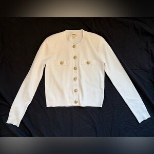 L’AGENCE White Button Down Cardigan Sweater Gold Preppy Coastal Minimalist Sz S